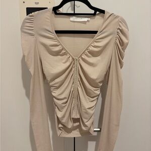 Astr Beige Ruched Long Sleeve Blouse